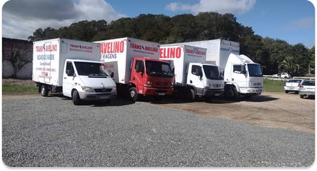 Frota de caminhões de mudança residencial estacionados, prontos para transporte seguro de móveis e objetos.