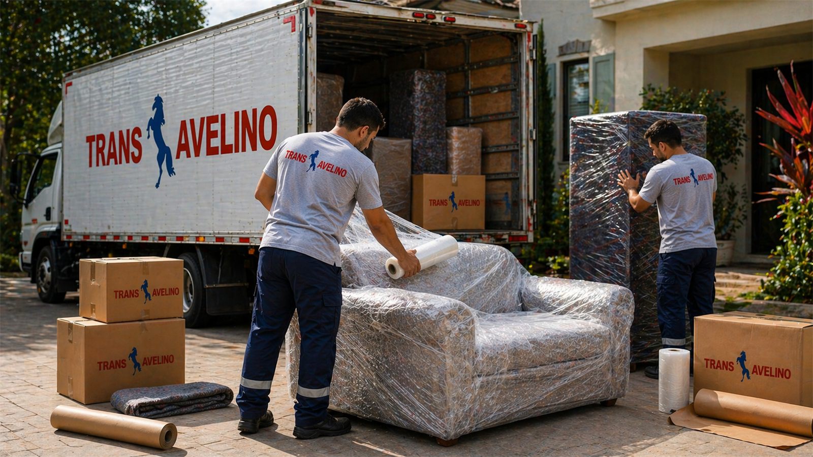 Equipe da TransAvelino embalando um sofá com filme stretch ao lado do caminhão, com caixas, mantas e rolos de papel de proteção