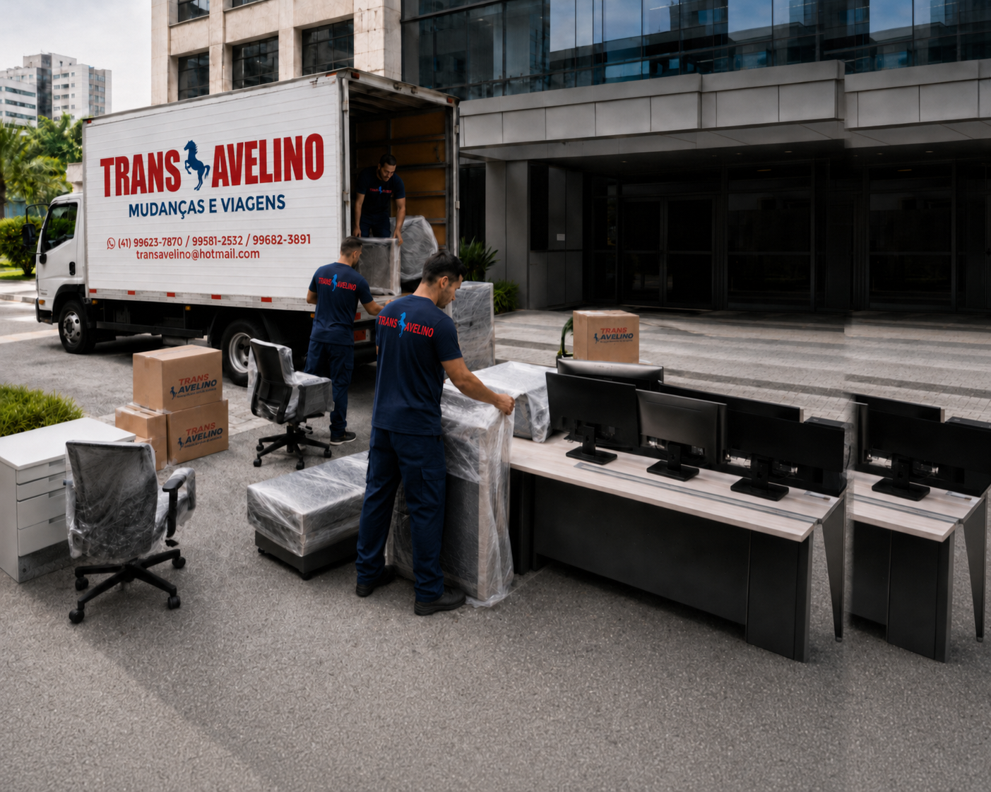 Equipe da TransAvelino embalando equipamentos de escritório para mudança comercial em Curitiba