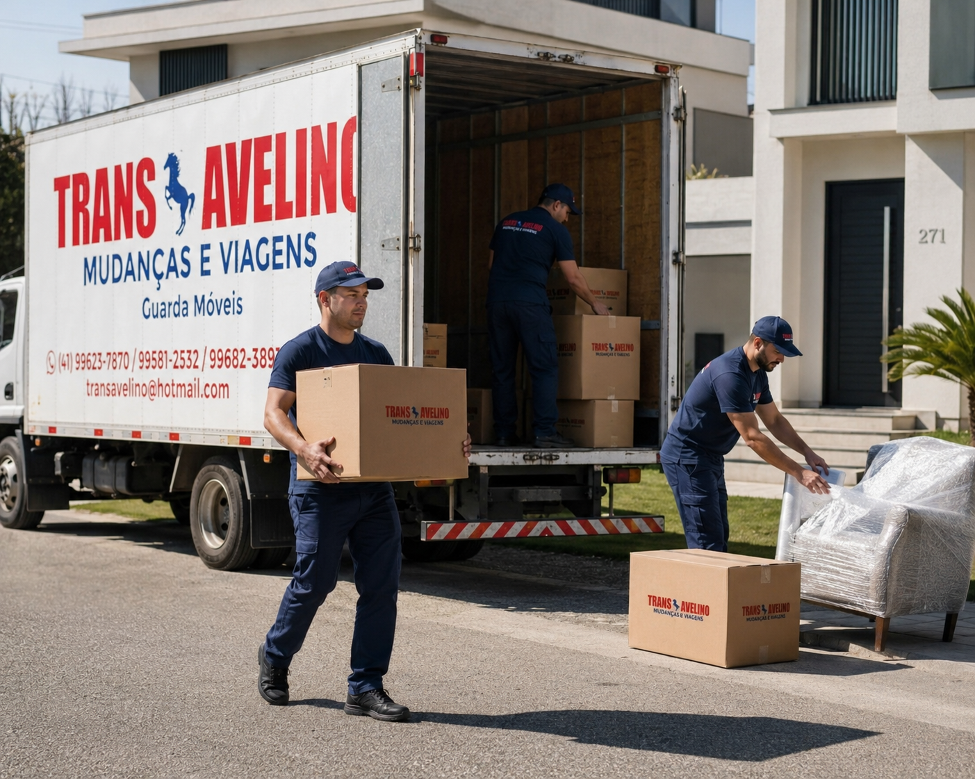Equipe da TransAvelino organizando móveis no espaço de guarda móveis em Curitiba