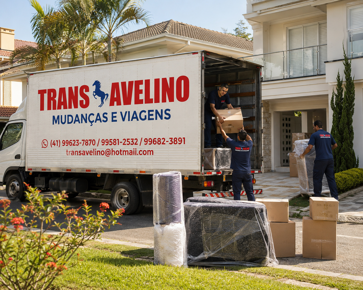 Equipe da TransAvelino realizando carregamento para mudança com destino São Paulo