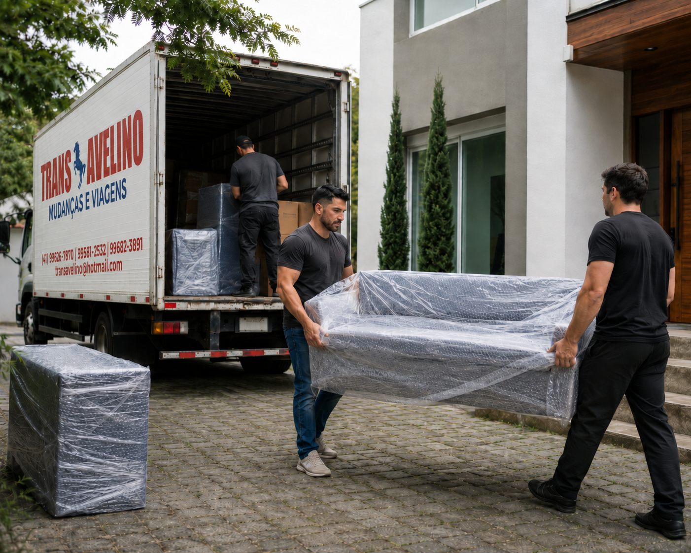 Equipe da TransAvelino carregando móveis em mudança residencial em Curitiba