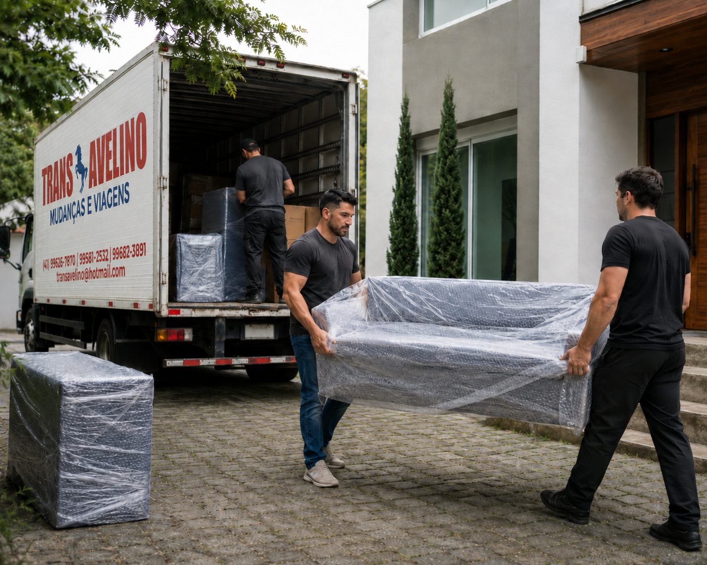 Equipe da TransAvelino carregando móveis em mudança residencial em Curitiba