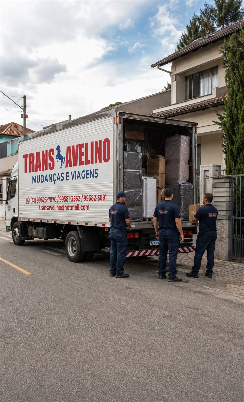 Caminhão da TransAvelino totalmente carregado em frente a imóvel residencial em Curitiba, equipe ao lado