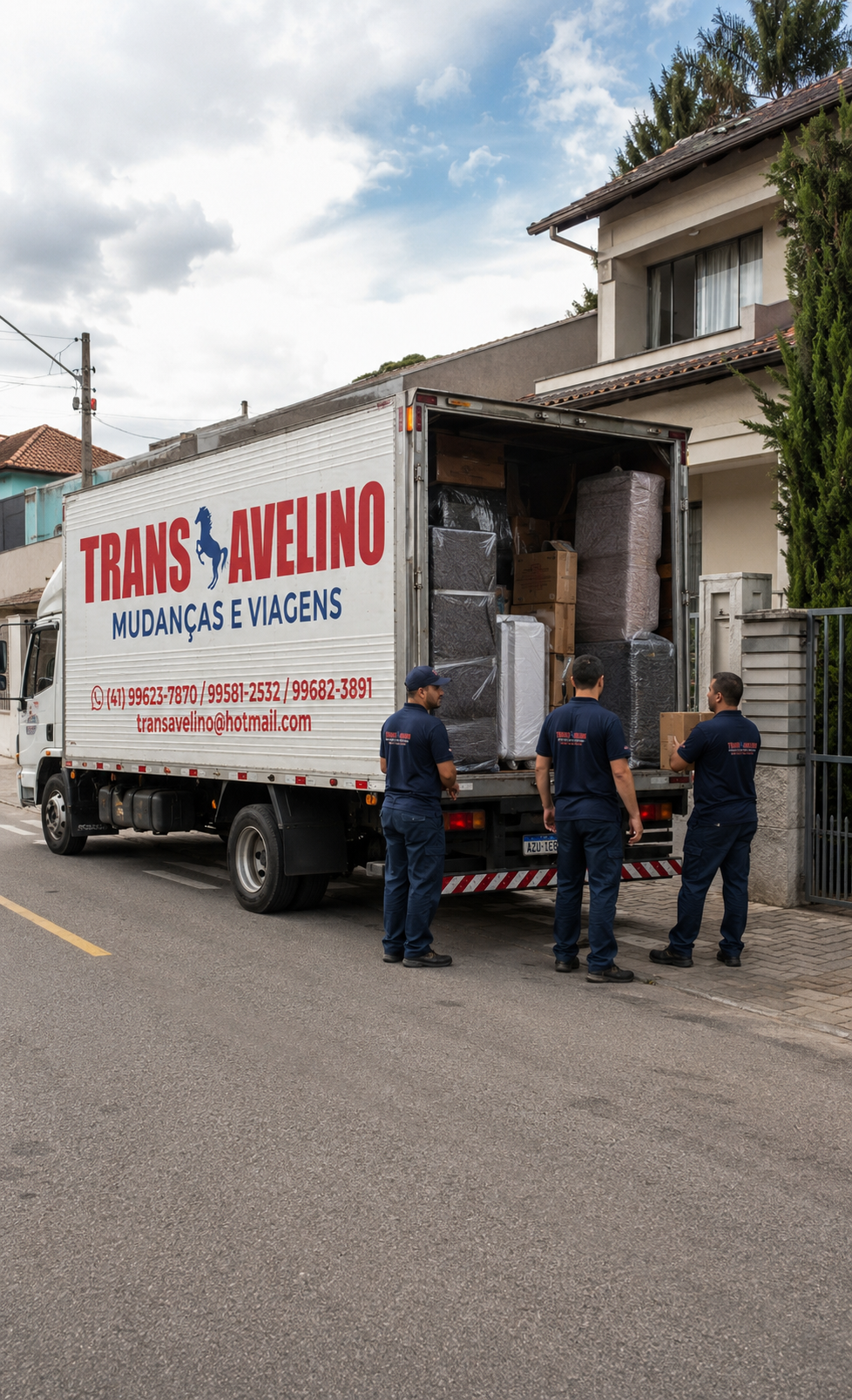 Caminhão da TransAvelino totalmente carregado em frente a imóvel residencial em Curitiba, equipe ao lado