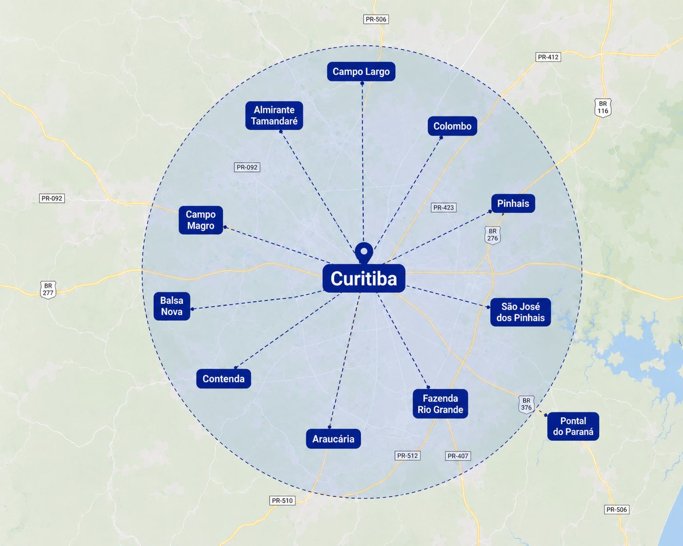 Área de atendimento da TransAvelino para mudança residencial em Curitiba e região metropolitana