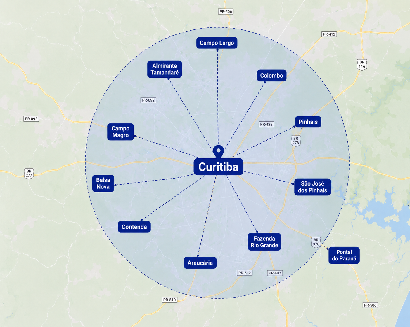 Área de atendimento da TransAvelino para mudança residencial em Curitiba e região metropolitana