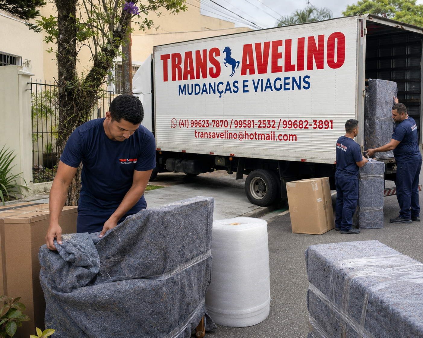 Equipe da TransAvelino embalando móveis com mantas para mudança de longa distância com destino Rio de Janeiro