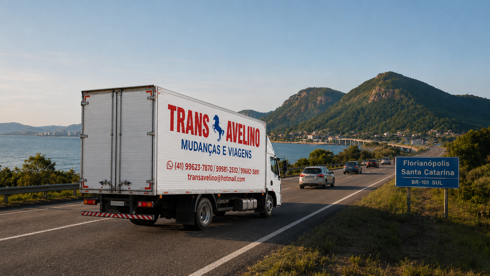Caminhão da TransAvelino realizando mudança com destino Florianópolis, Santa Catarina