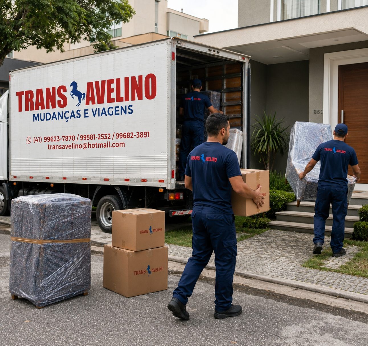 Equipe da TransAvelino em operação real de mudança residencial em Curitiba