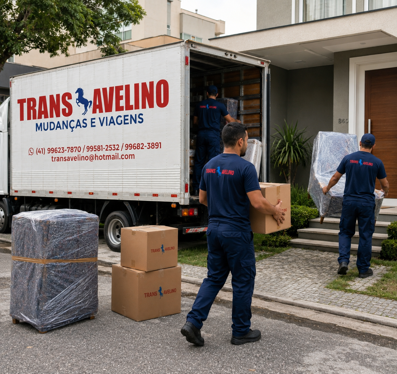 Equipe da TransAvelino em operação real de mudança residencial em Curitiba