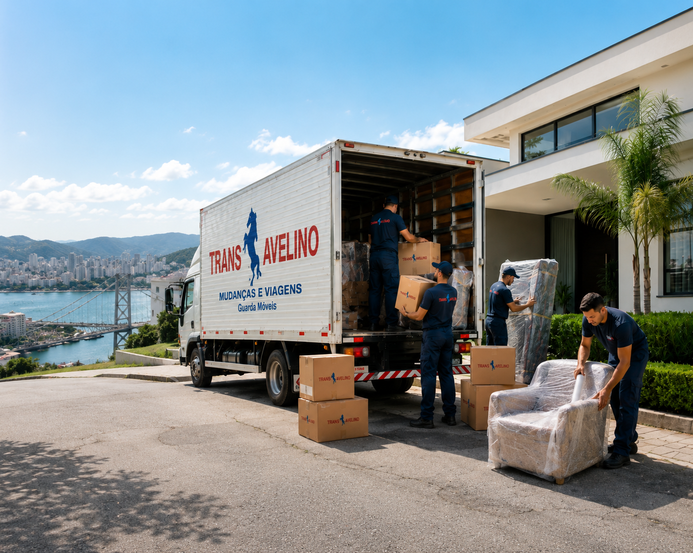 Equipe da TransAvelino carregando caminhão para mudança com destino Florianópolis