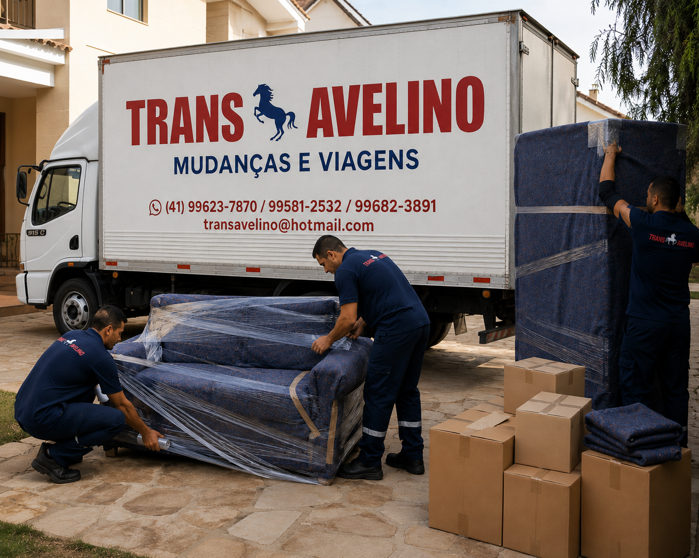 Equipe da TransAvelino aplicando embalagem reforçada em móveis antes do carregamento para Fortaleza