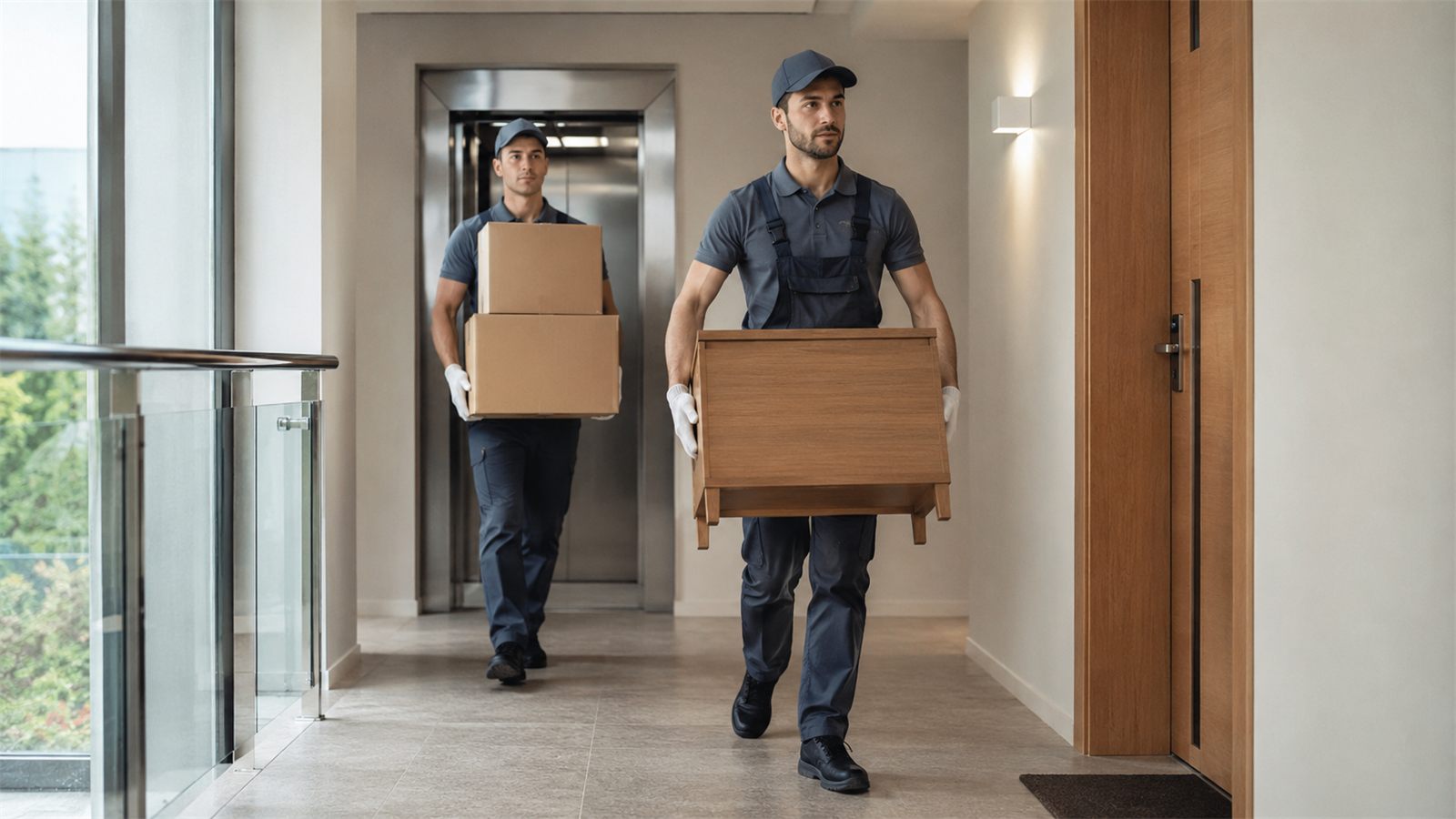 Dois carregadores uniformizados da TransAvelino transportando um móvel de madeira e caixas pelo corredor de um prédio, saindo do elevador