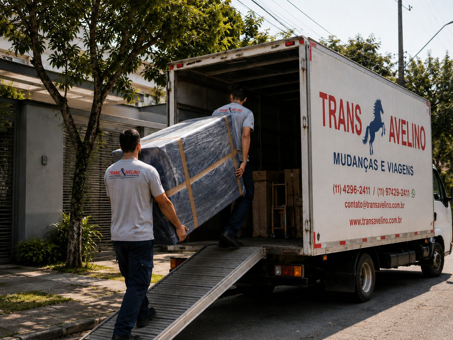 Equipe da TransAvelino carregando caminhão para mudança com destino Joinville