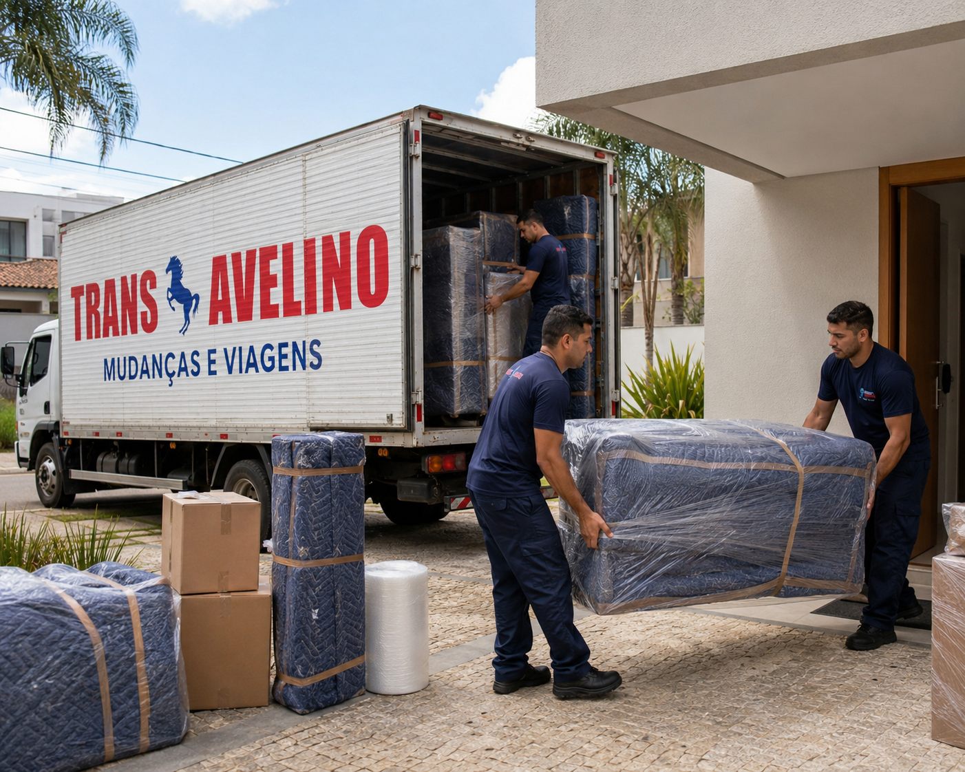 Equipe da TransAvelino embalando móveis com proteção reforçada para mudança de longa distância até Recife