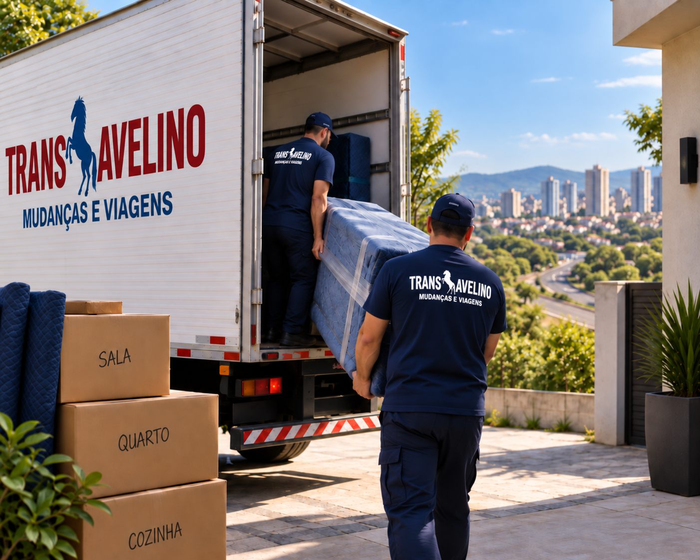 Equipe da TransAvelino organizando carga com mantas para mudança com destino Uberlândia