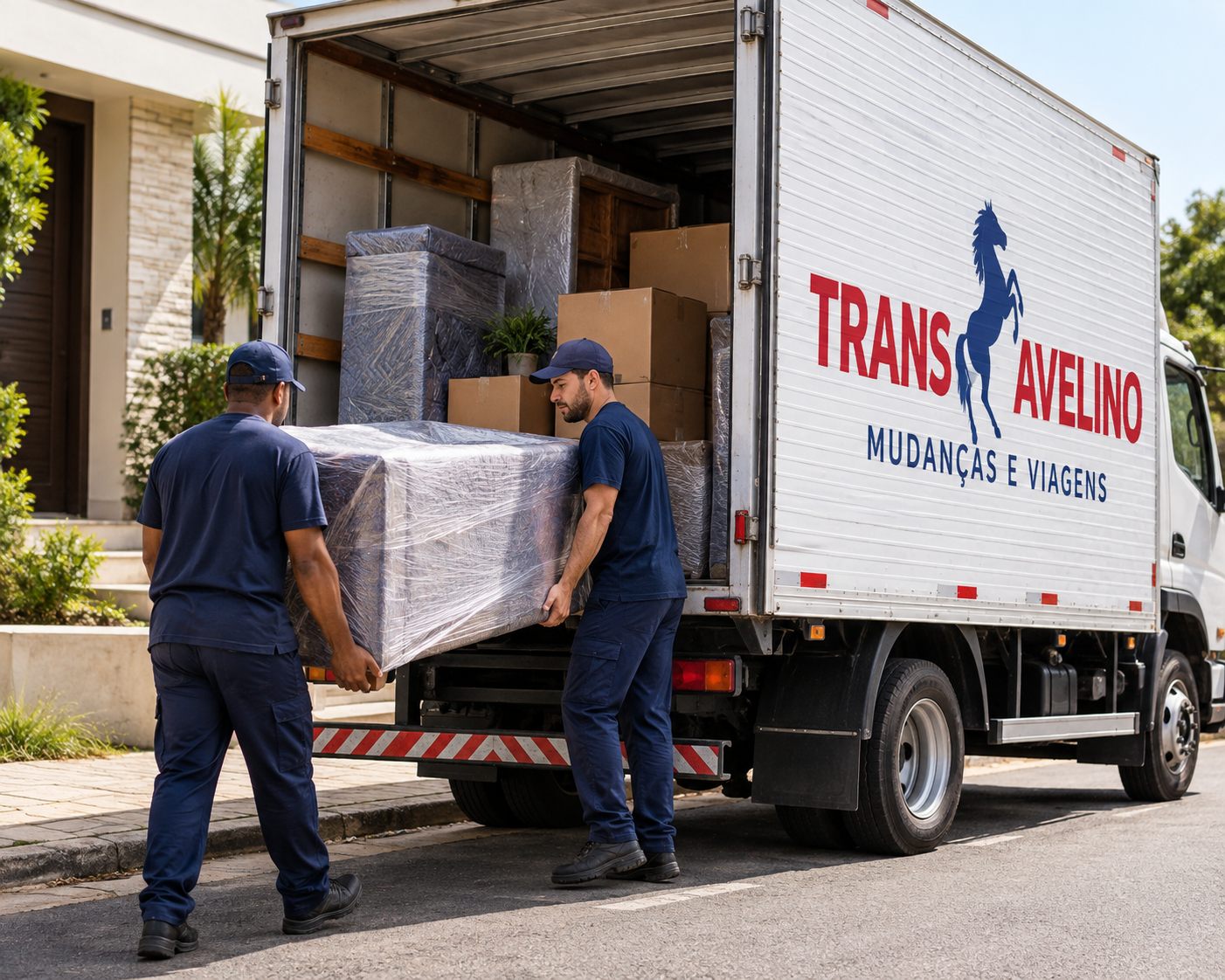 Equipe da TransAvelino carregando caminhão para mudança com destino Ribeirão Preto